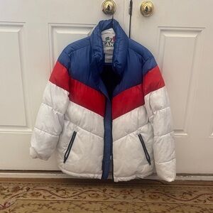 GAP Colorblock Puffer Jacket in Blue, Red & White